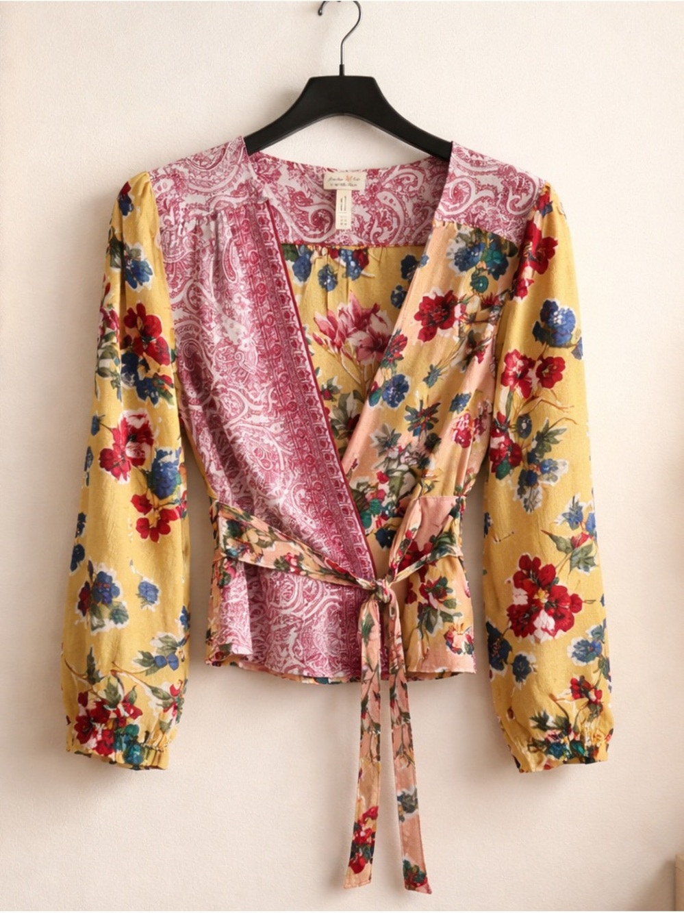 Anthropologie Yellow Floral Wrap Blouse with Pink Paisley Detail